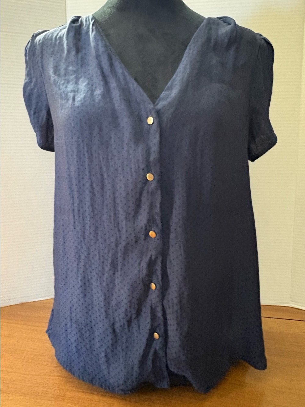 Forever 21 Navy Textured Button-Front Short Sleeve Blouse